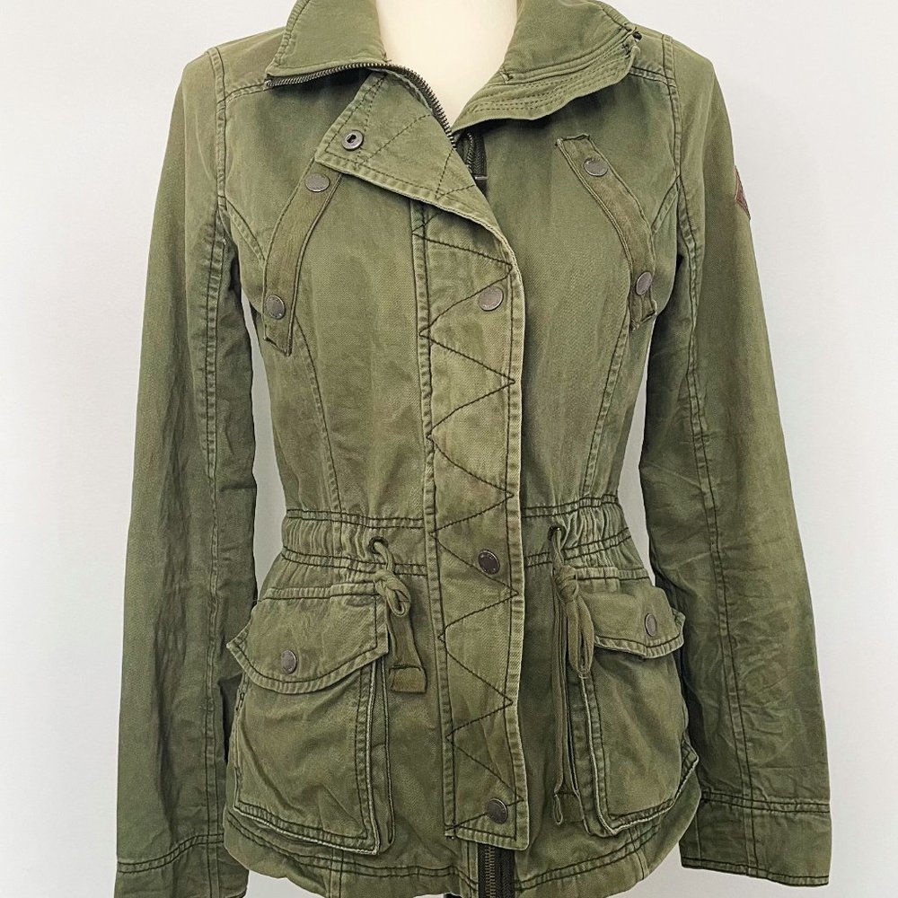 Hollister Womens Sz S Army Green Jacket Military Utility Coat Waist Adjustable